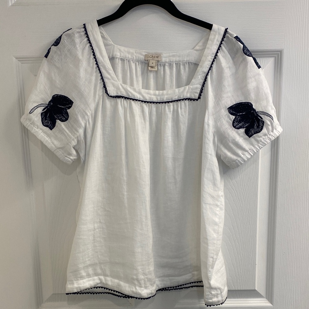J. Crew White Blouse with Navy Floral Details